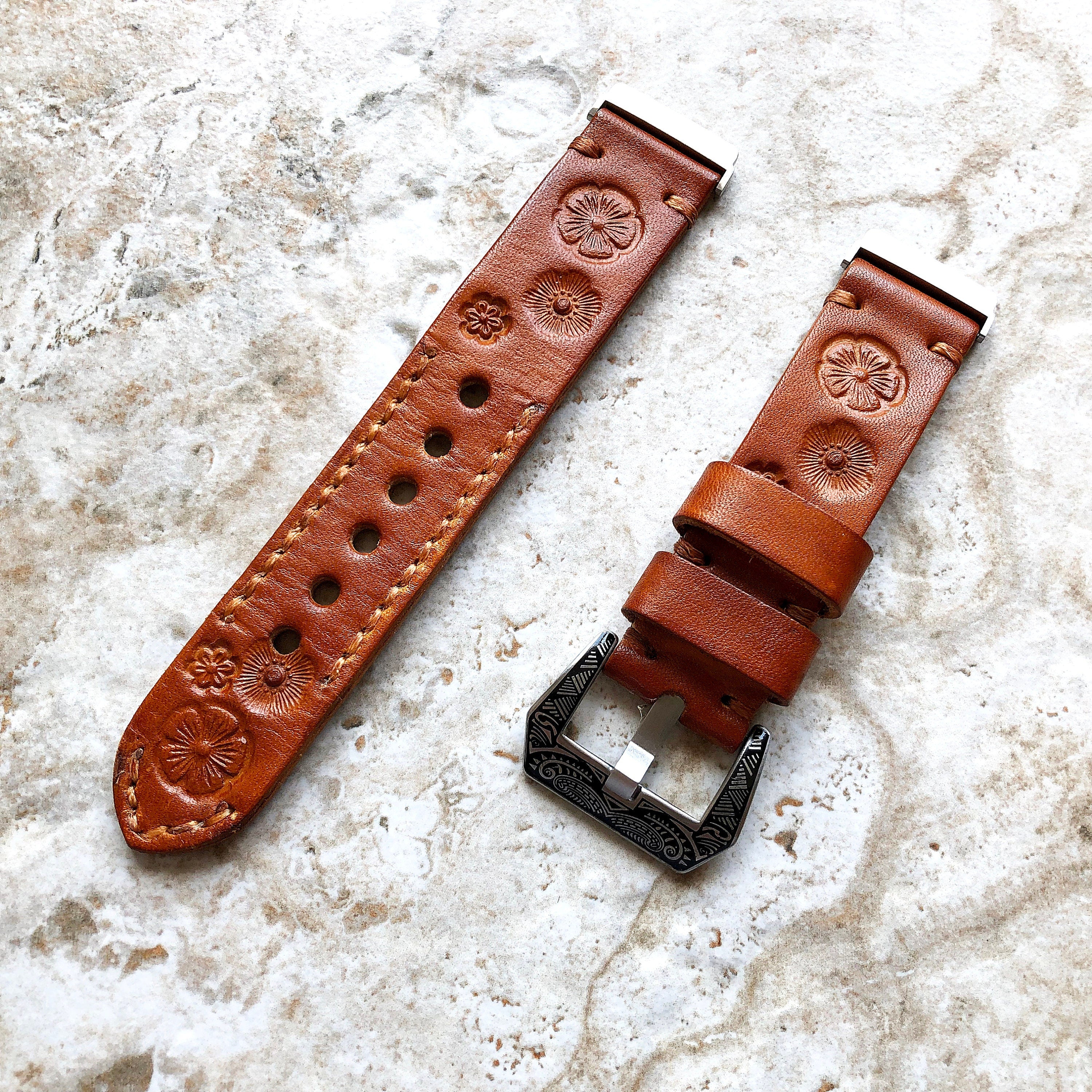 Band for Fitbit Versa 2 3 4 Sense 2 Flowers Tooled Embossed Brown Leather Strap Watch Bands Bracelet Engraved Silver Rose Gold Black Finish
